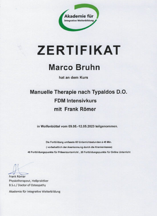Zertifikat Manuelle Therapie nach Typaldos D.O. FDM Internsivkurs mit Frank Römer