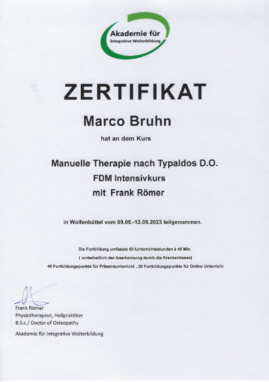 Zertifikat Manuelle Therapie nach Typaldos D.O. FDM Internsivkurs mit Frank Römer